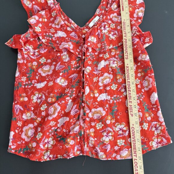 Q&A Women’s‎ 100% Cotton Red Floral Ruffle Short Sleeve Top Button V-Neck Blouse - Picture 8 of 13